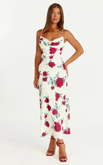 Robe Midi Dahlia - Robe trapèze à col bénitier motif Rose Écarlate