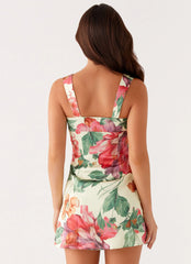 Mini-robe Odette en satin - Motif floral jaune