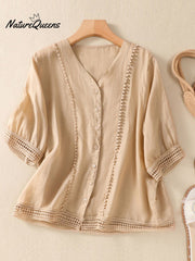 Women's V-neck Short Sleeve Crochet Casual Linen Cardigan Shirt