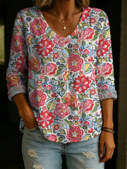 Vintage Flower Decorative Patterns Women's Long Sleeve V Collar Linen Cotton Shirt