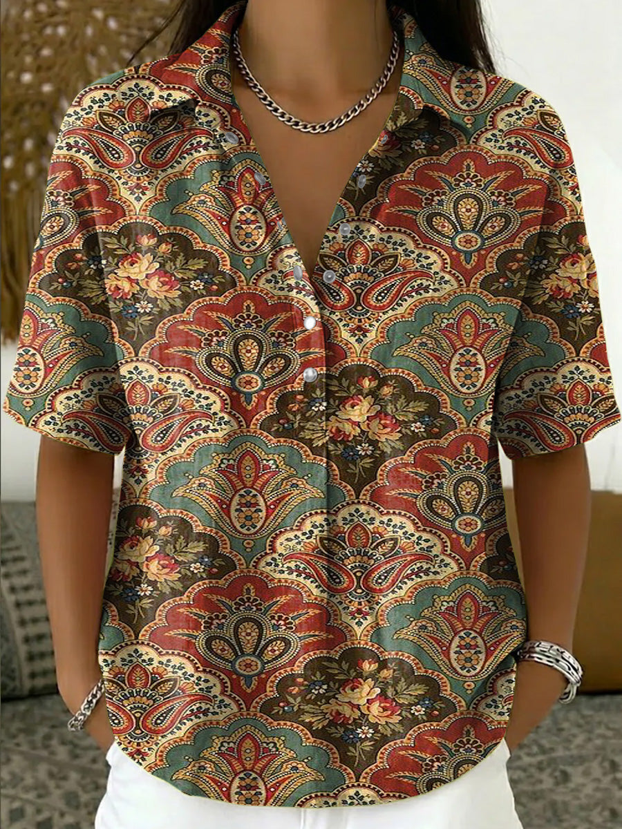 Women's Retro Botanical Print Casual Short-sleeve Linen-cotton Shirt With Polo Collar