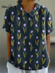 Women's Flower Print Casual Cotton And Linen Shirt