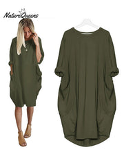 Women's Solid Color Loose Elegant Casual Long-sleeved Pocket Dress
