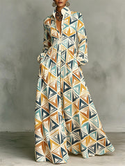 Retro Geometric Print Stand-collar Long-sleeve Shirt Dress