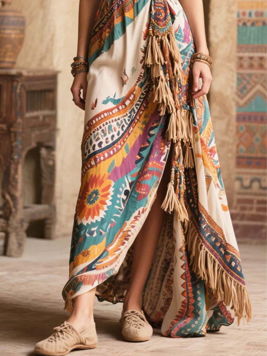 Women's Retro Ethnic Pattern Art Casual Stylish Cotton Linen Long Dress