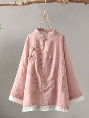Women's Stand-collar Long-sleeve Loose-fit Casual Cotton-linen Shirt With Embroidery