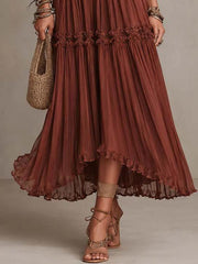 Halter-neck Deep V-neck Tiered Ruffle Chiffon Midi Dress