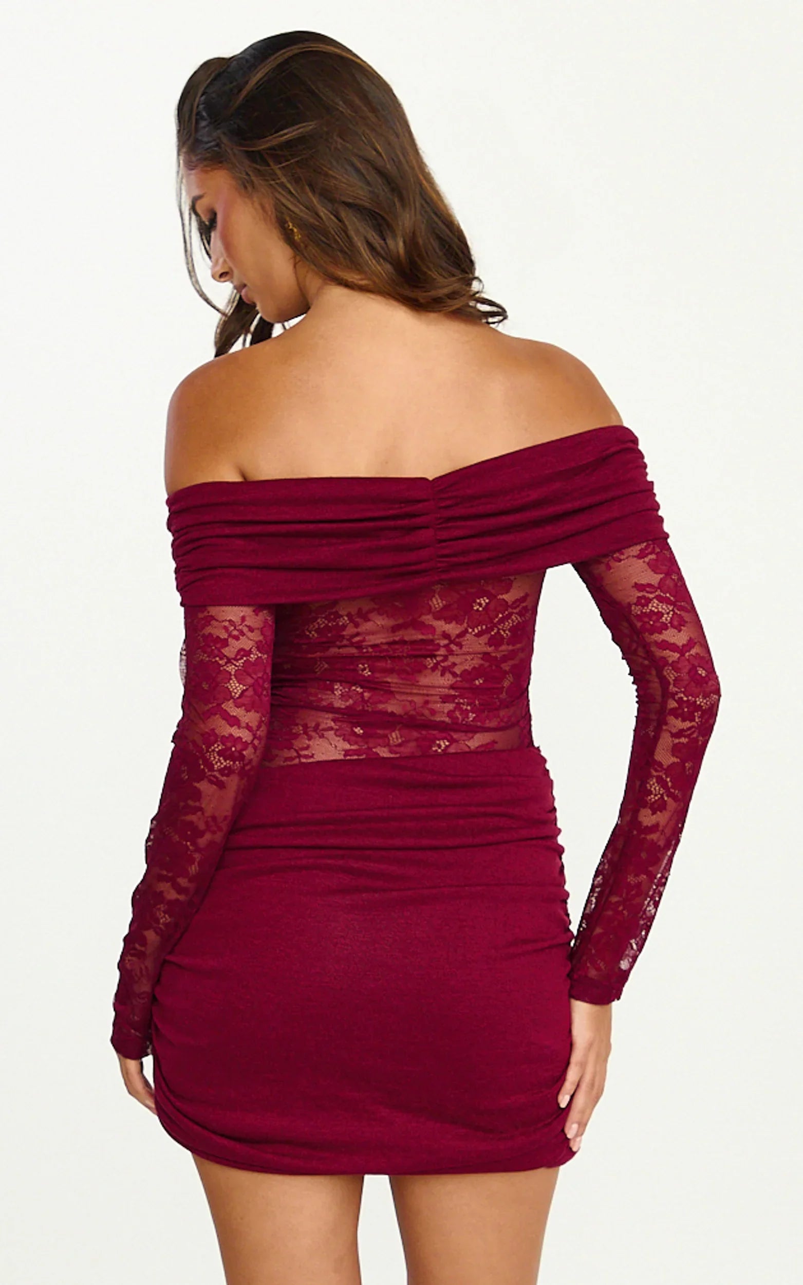 Mini-robe Juliet - Robe moulante bustier en dentelle contrastante couleur lie-de-vin