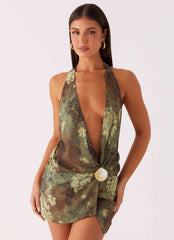 Mini-robe décolletée Eleanora – Fleurs cybernétiques