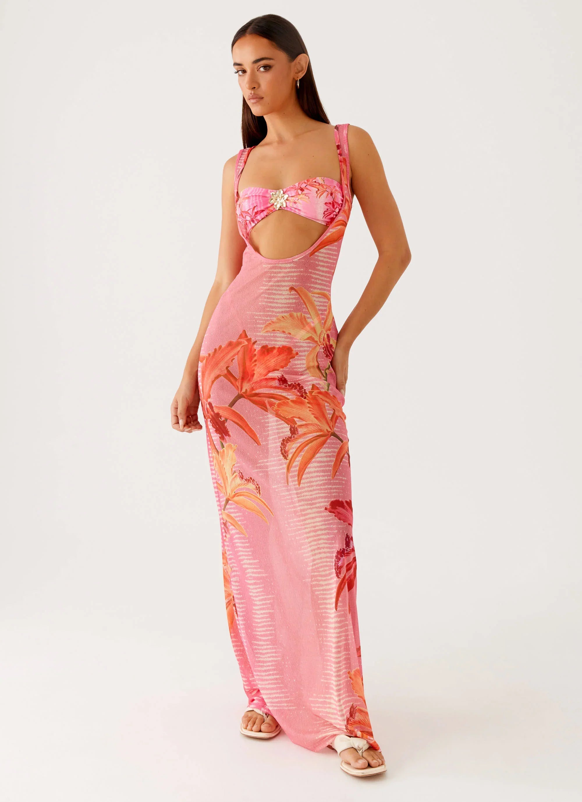 Robe longue Sorella - Imprimé rose tropical
