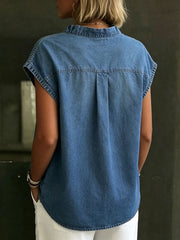 Women's V-neck Solid-color Casual Denim-cotton Sleeveless Shirt