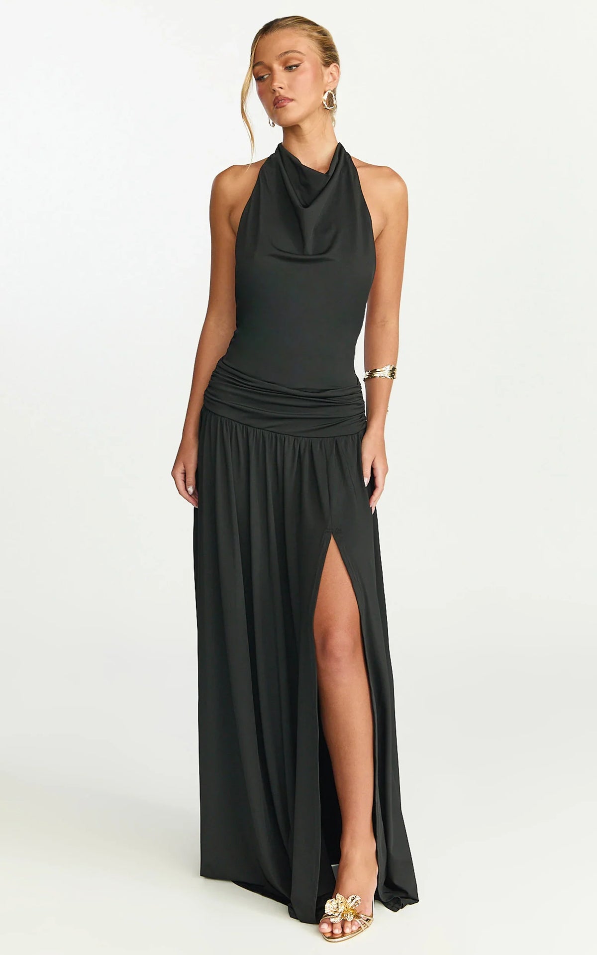 Robe longue Sophia - Robe en jersey dos nu à col bénitier noir