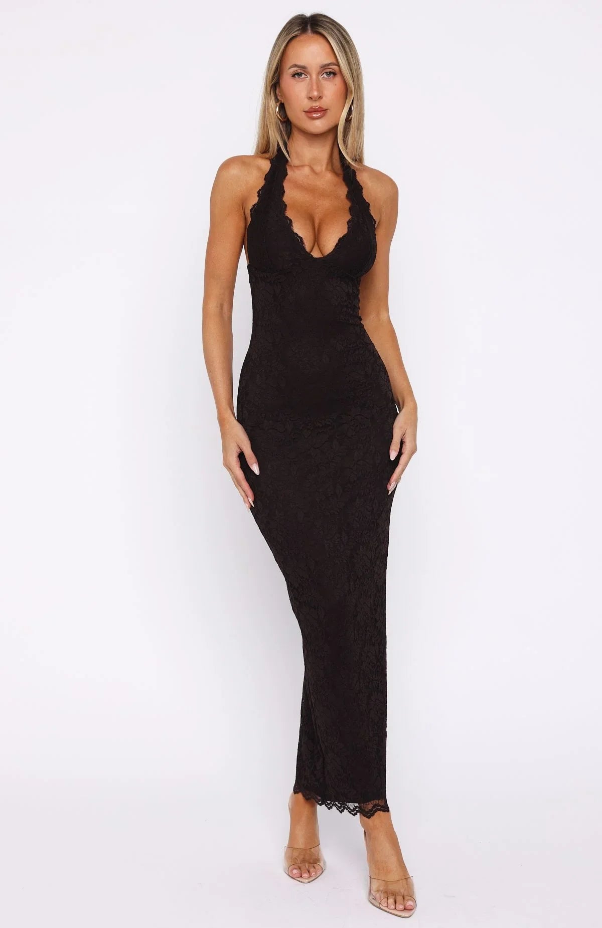 Robe longue Destiny en dentelle chocolat