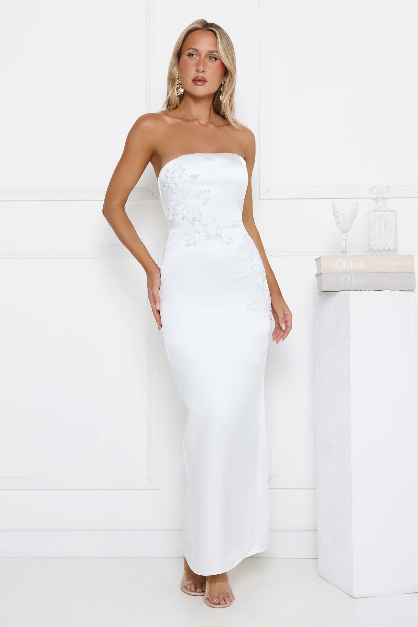 Robe longue bustier ornée Dusk Desire blanche