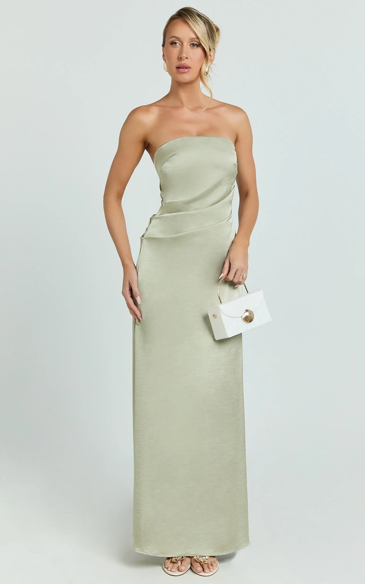 Robe longue Laurie - Robe bustier en satin drapé vert olive clair