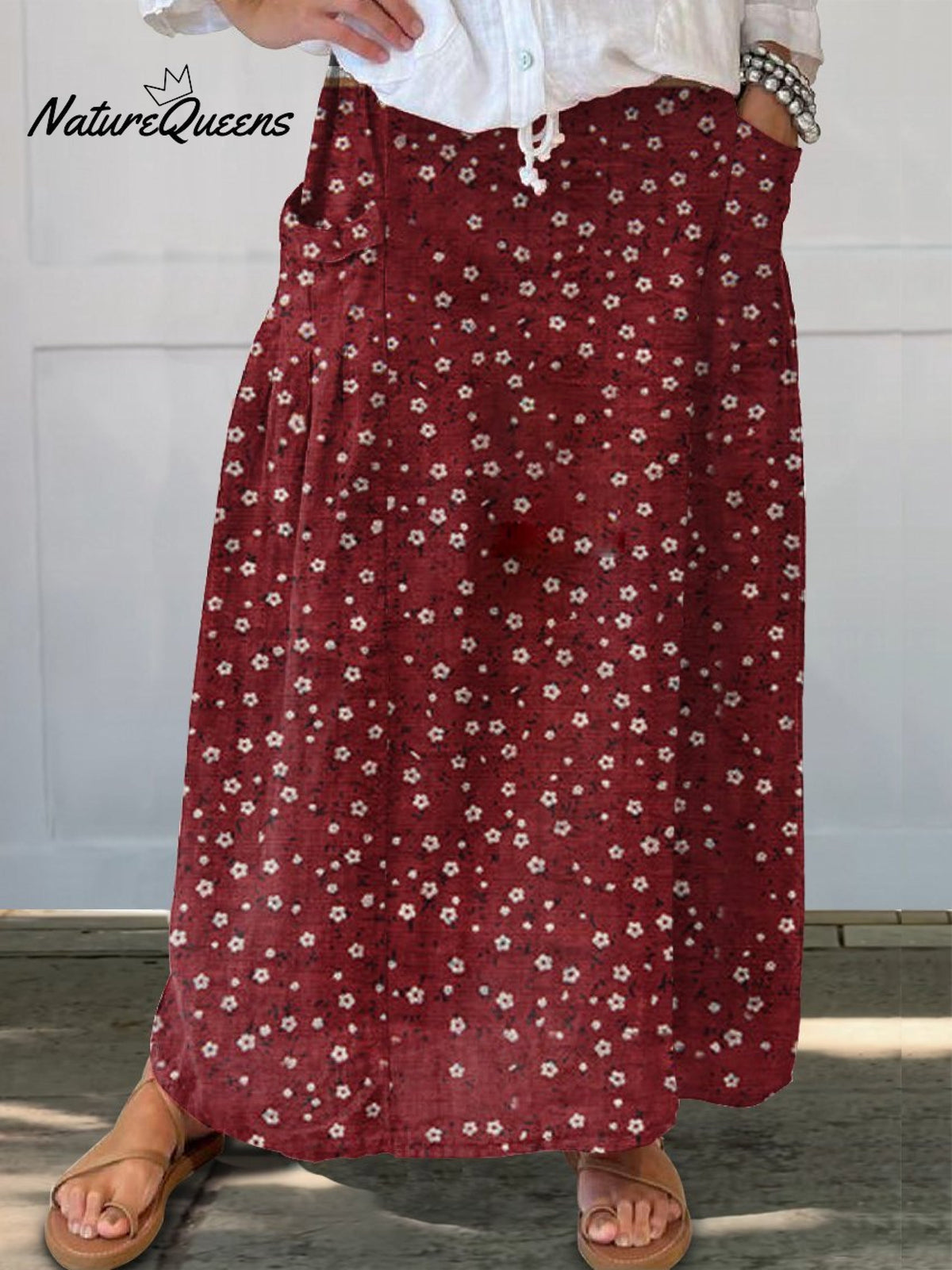 Women'sFlower Art PrintLinen Pocket Skirt