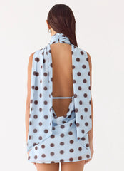 Robe Courte Dos Nu - Bleu Moka à Pois