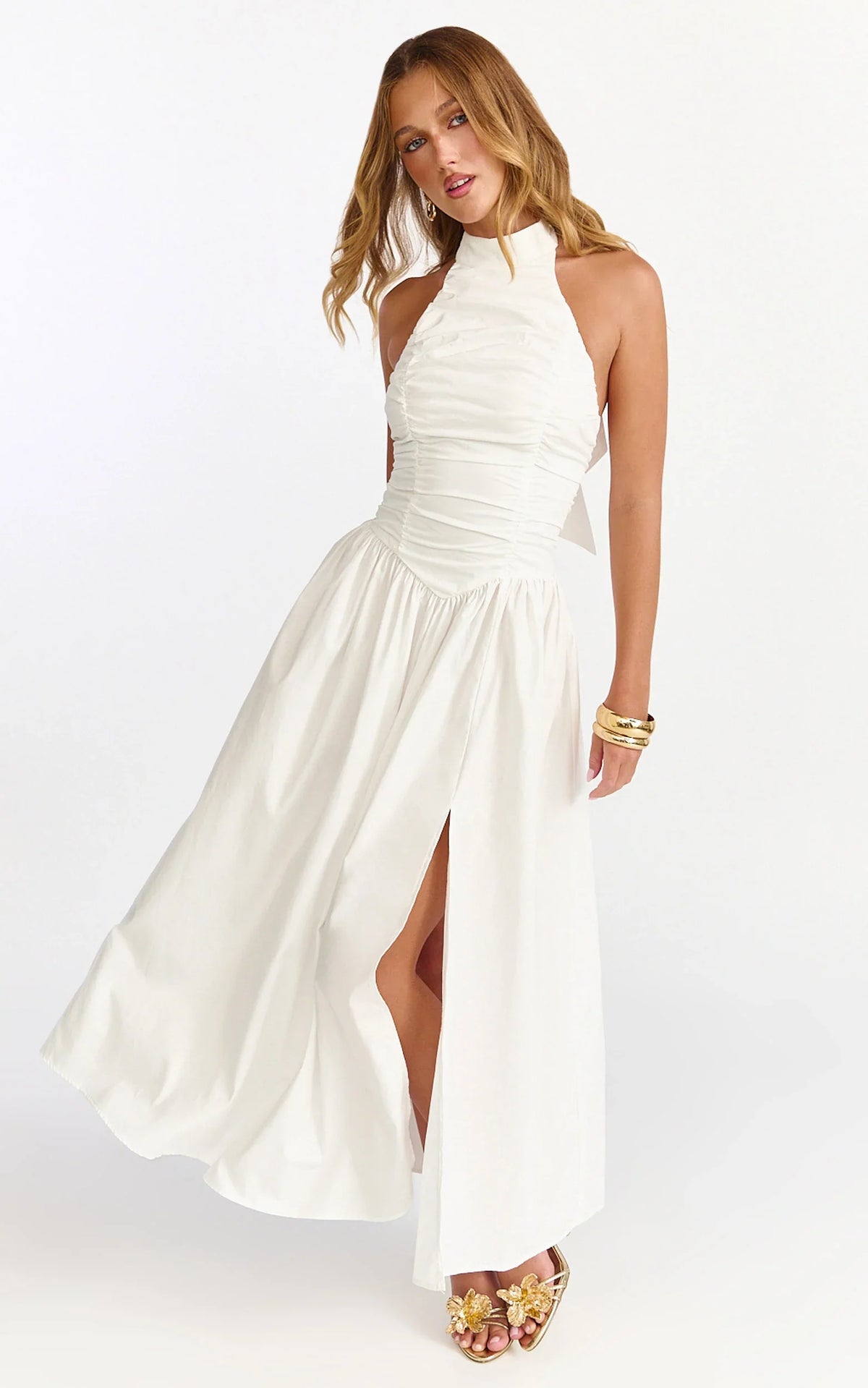 Robe midi Anya - Robe blanche dos nu froncée à taille basse