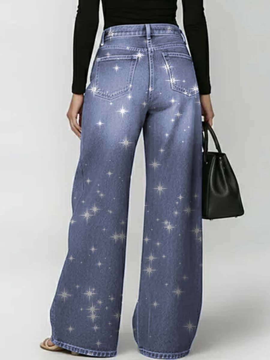 Women's Shinny Art Print Casual Stylish Hollow Denim Pants