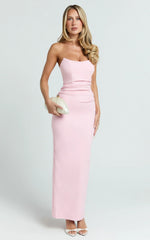 Robe longue Pietra - Col rond, coutures latérales plissées, robe ajustée rose