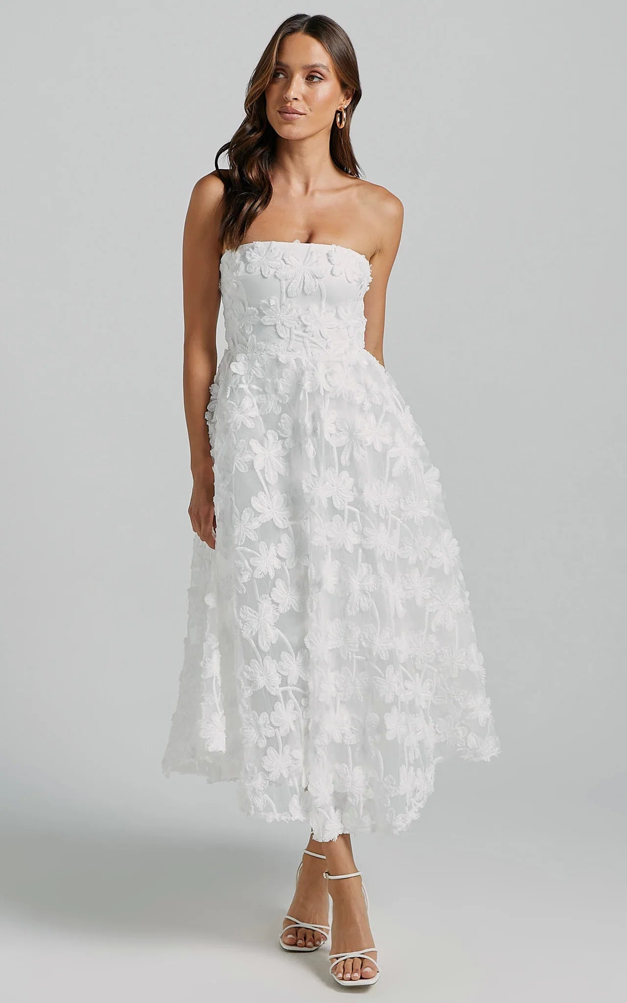 Robe Midi Rheiva - Robe Midi Bustier Broderie 3D Blanche