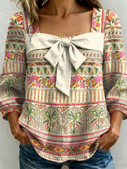 Exotic Floral And Horizontal Stripe Decorative Pattern Women's Long Sleeve Linen Cotton Shirt
