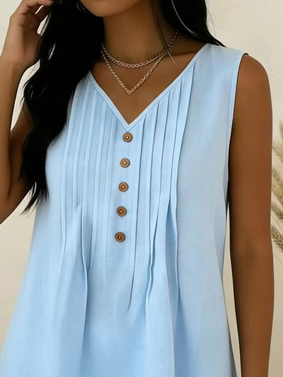 Women's V-neck Pleated Solid-color Sleeveless Top