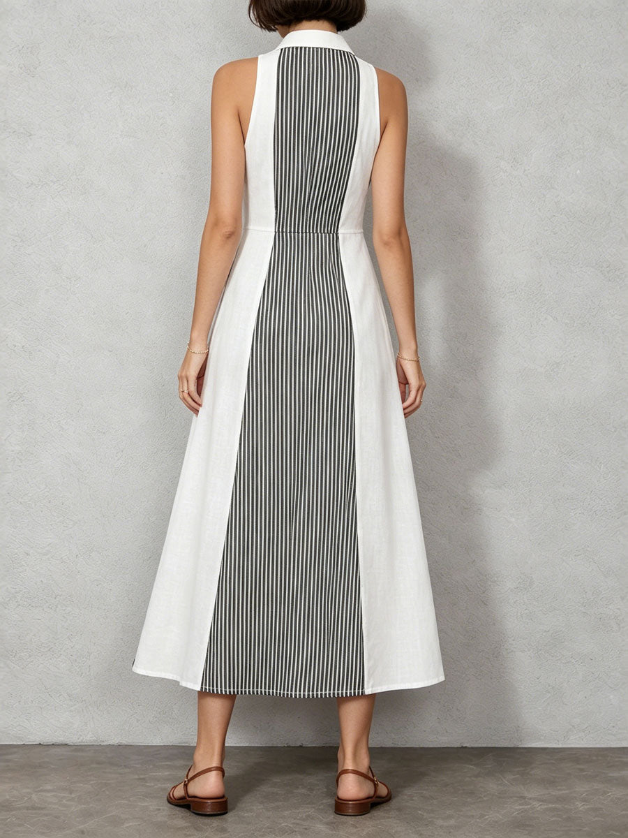 Women's Striped Flared Hem Color-block Lapel Linen Maxi Dress