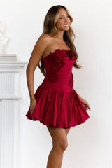 Robe Courte Sans Bretelles Froncée Floral Dream Rouge