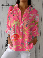Women'sVintage Flowers Art Print Casual Linen V-neck Shirt