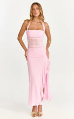 Robe midi Almarie – Robe en maille rose à col noué