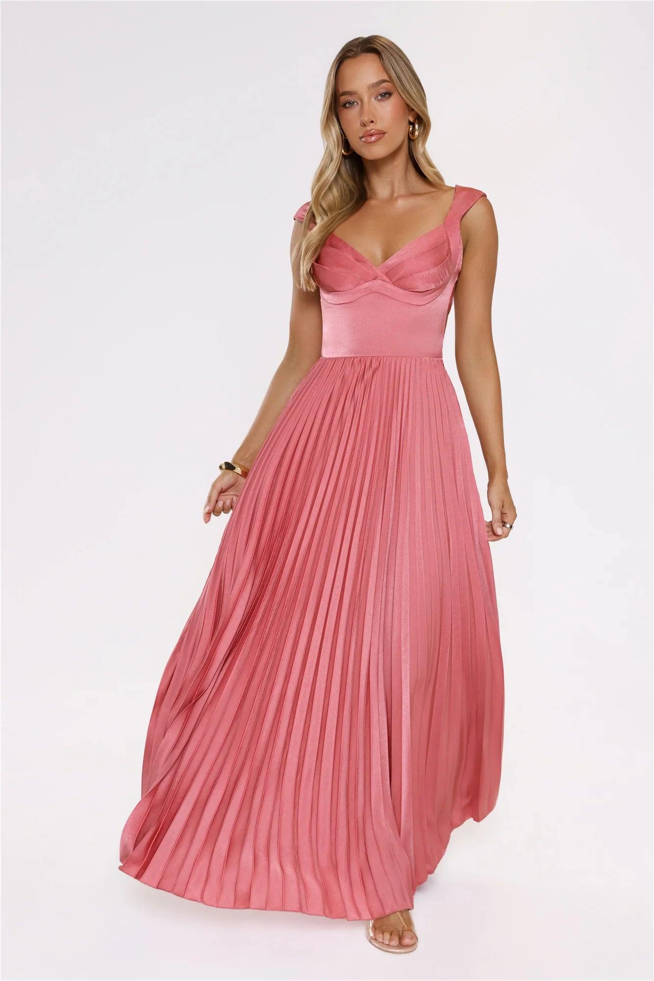 Robe longue plissée Satin Glow Rose