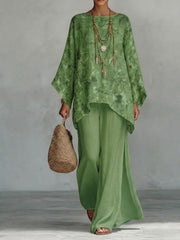 Casual Two-piece Set: Floral-print Linen & Cotton Top And Solid-color Trousers