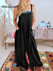 Women's Solid Color Loose Elegant Casual Cotton Linen Suspender Jumpsuit