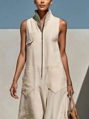Light Beige Textured Cotton-linen Stand Collar Front-zip Cargo Pocket Sleeveless Wide-leg Jumpsuit