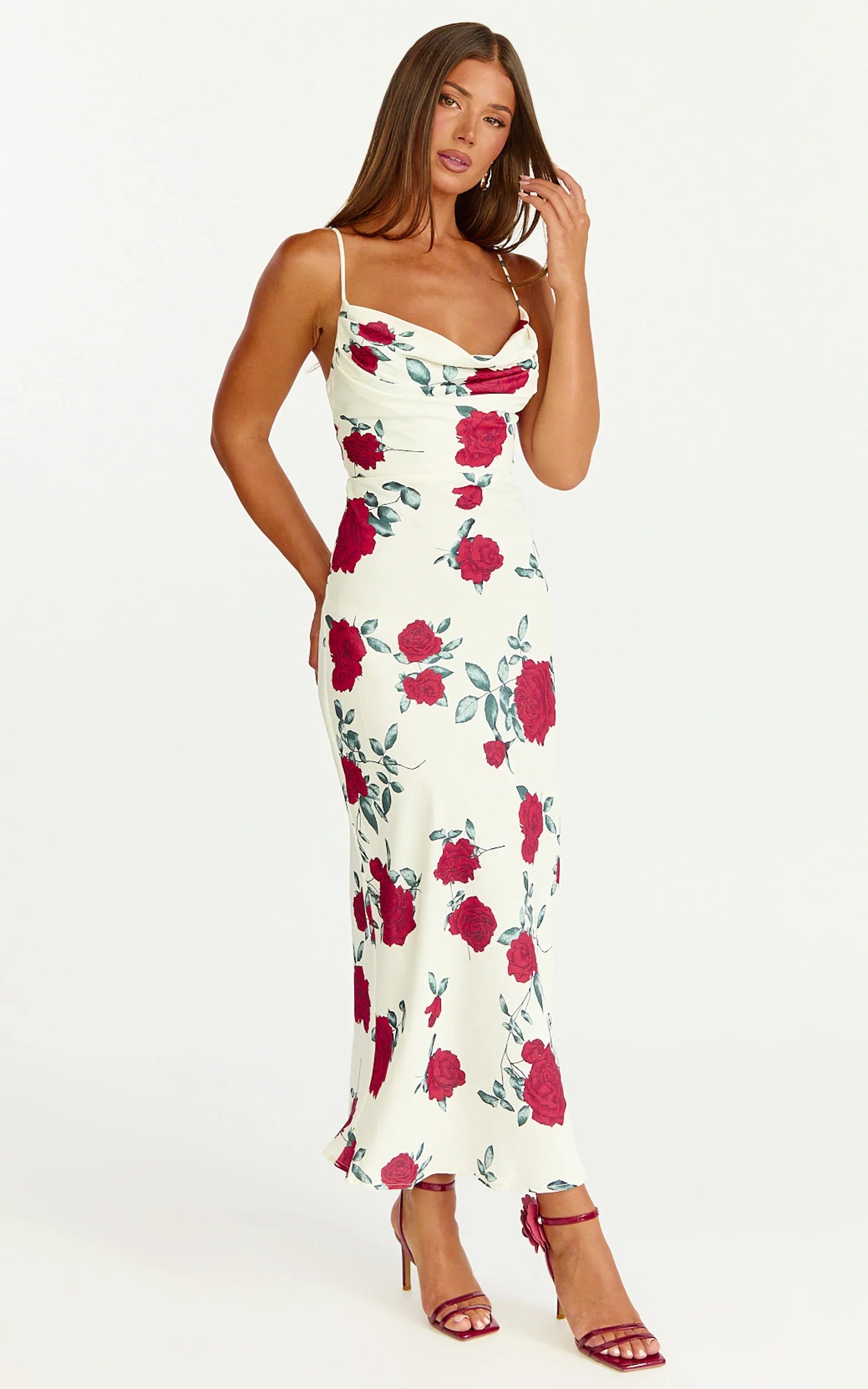 Robe Midi Dahlia - Robe trapèze à col bénitier motif Rose Écarlate