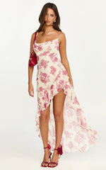 Robe longue Lila - Robe à col bénitier et jupe à volants asymétrique en imprimé Toile de Jouy