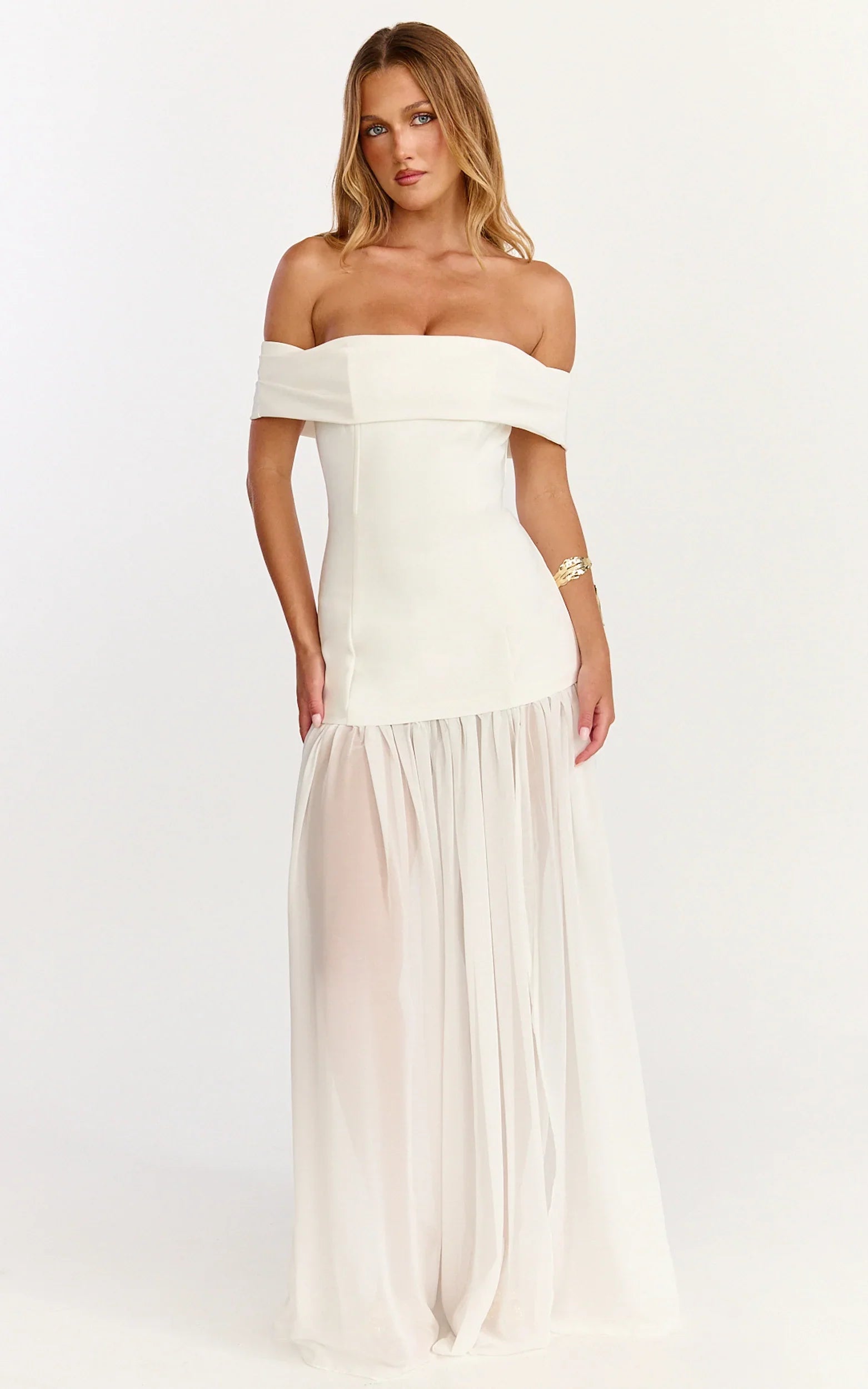 Robe longue Florence - Robe à épaules dénudées avec jupe transparente blanche