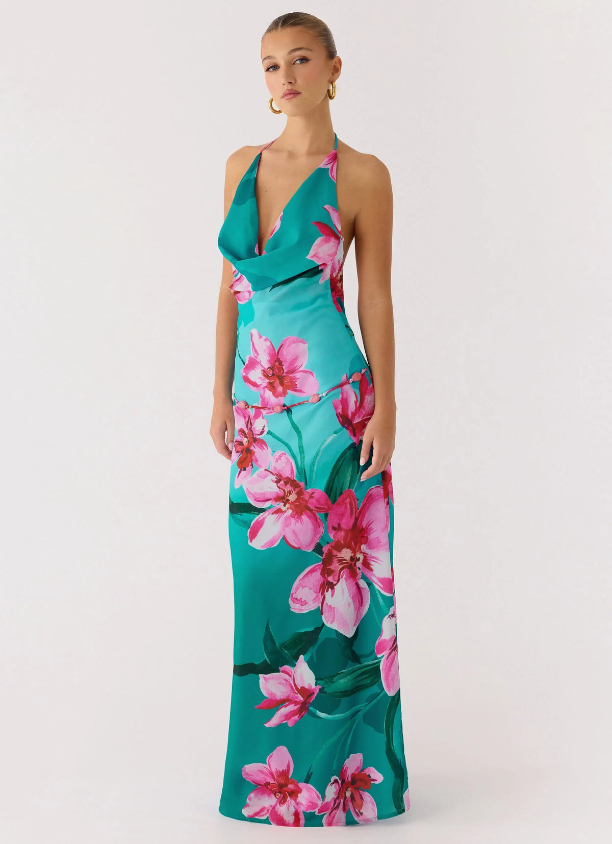 Robe longue à col bénitier Yoon perlée - Récif de pétales