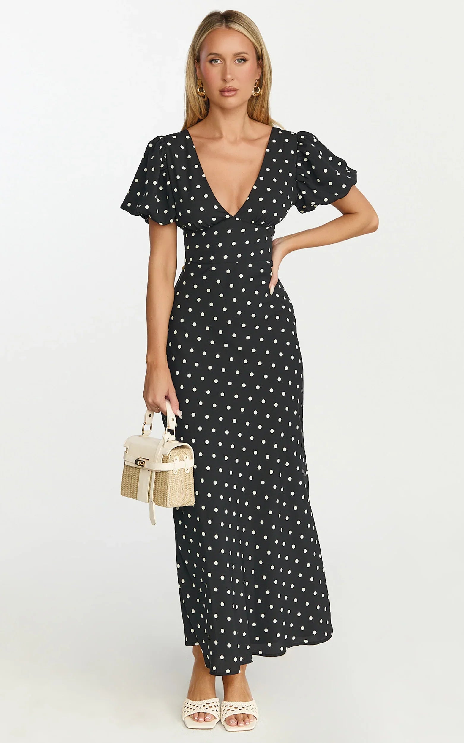 Robe Midi Elise - Robe à Manches Bouffantes et Col en V à Pois Noirs