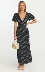 Robe Midi Elise - Robe à Manches Bouffantes et Col en V à Pois Noirs
