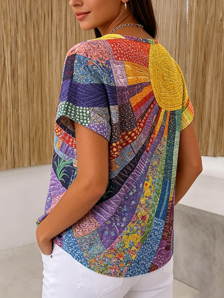 Boho Geometric Sun Print Henley Shirt