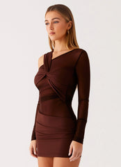 Robe mini asymétrique à manches longues Ophelie - Chocolat
