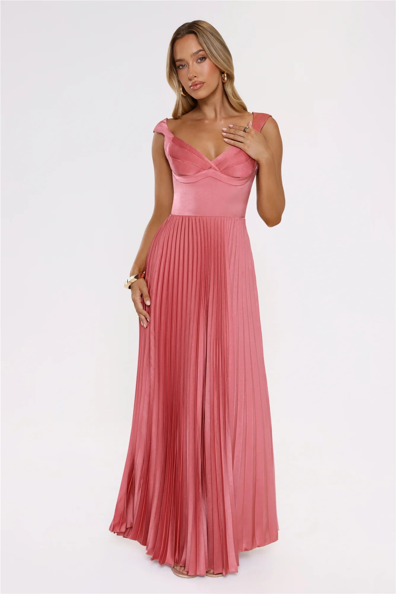 Robe longue plissée Satin Glow Rose