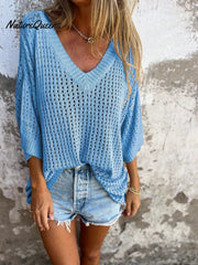Women's Solid Color Stylish Hollow Long-sleeved V-neck Casual Knitted Top