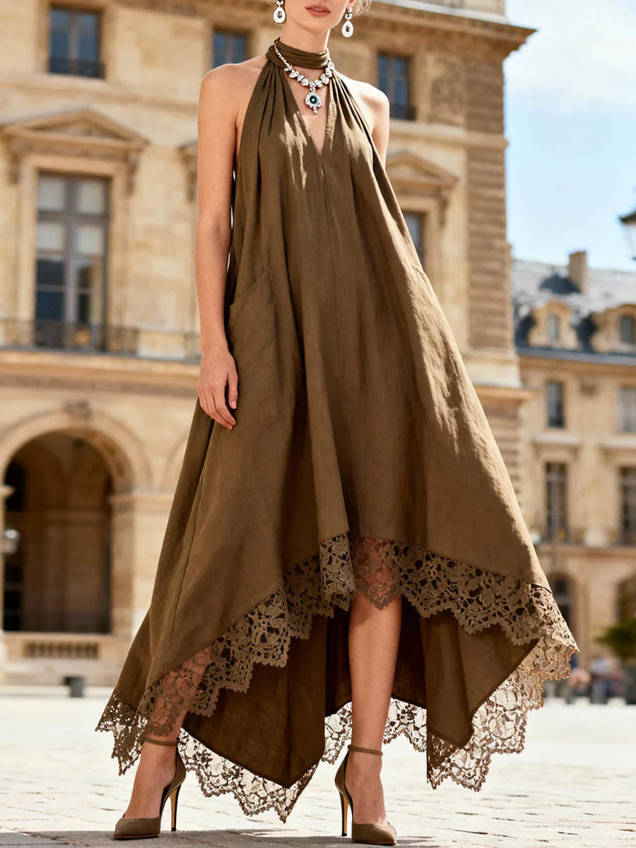 Women's Solid-color V-neck Sleeveless Loose-fit Cotton-linen Casual Dress