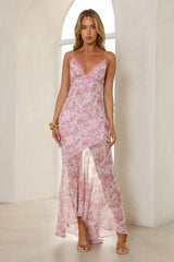 Robe longue en dentelle florale délicate rose