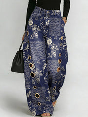 Women's Retro Floral Art Print Casual Stylish Hollow Denim Pants