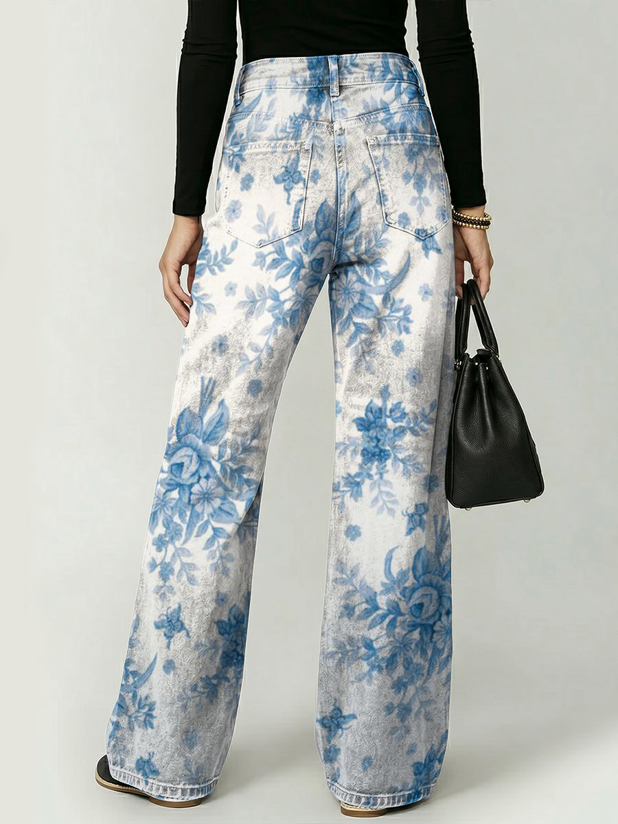 Vintage-style Elegant Floral Decorative Pattern Women's Denim Pants