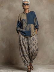 Bohemian Paisley Print Linen And Cotton Two-piece Top And Pants Set